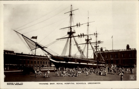 Postcard training ship of the Royal Hospital Schools in the harbor in Greenwich