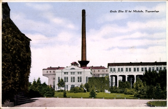 Ak Mücheln im Saalekreis, Grube Elise II, Tagesanlage, Industriegebäude, Schornstein