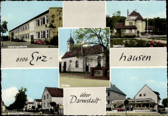 Ak Erzhausen in Hessen, Lessingstrasse, treinstation, foto drogisterij Krebs, Bahnstrasse, kerk