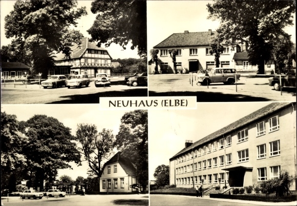 Postcard Neuhaus an der Elbe, municipal council, Hotel Lindenhof, market, high school
