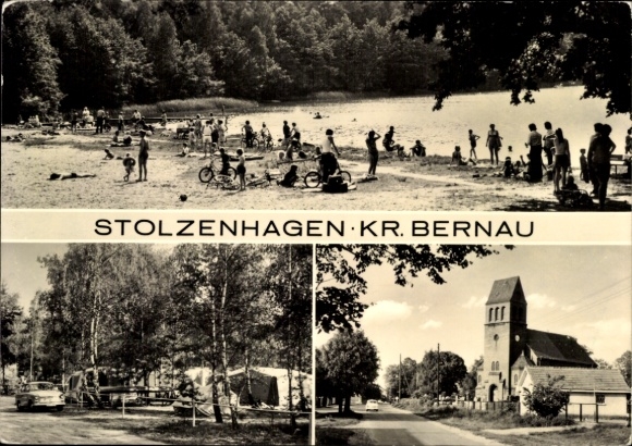 Ak Stolzenhagen Wandlitz in Barnim, Strand, Kirche, Zeltplatz