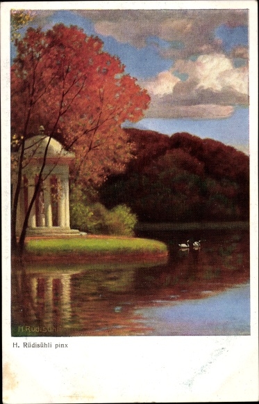 Postcard Ort Kochel am See Oberbayern, H. Rüdisühli, park motif, 2 swans in the lake, temple, tree with r...