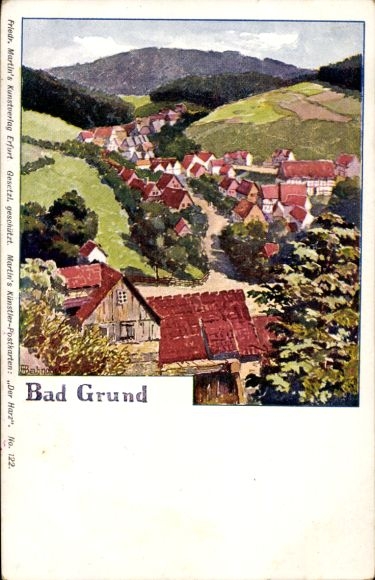Kunstenaarsbriefkaart Bahndorf, Heribert, Bad Grund in de Harz, panorama