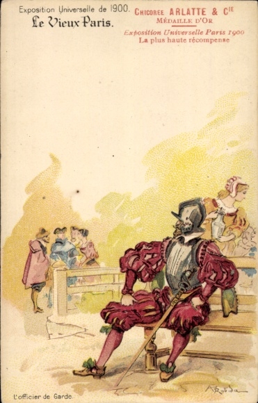Artysta lito Robida, Le vieux Paryż, Expo 1900, Chocolat Guerin Boutron, L'Officier de Garde