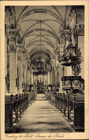 Postcard Comburg Schwäbisch Hall in Württemberg, interior of the church, long rows of wooden benches, artistic A