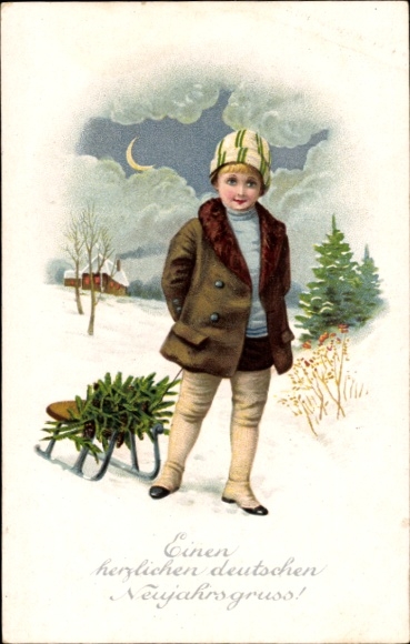 Postcard Happy New Year, boy with Christmas tree on a sled