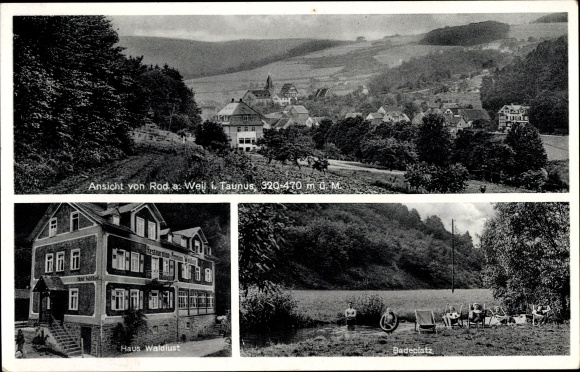 Ak Rod an der Weil Weilrod im Taunus, Gasthaus Waldlust, zwemgedeelte, uitzicht op de stad