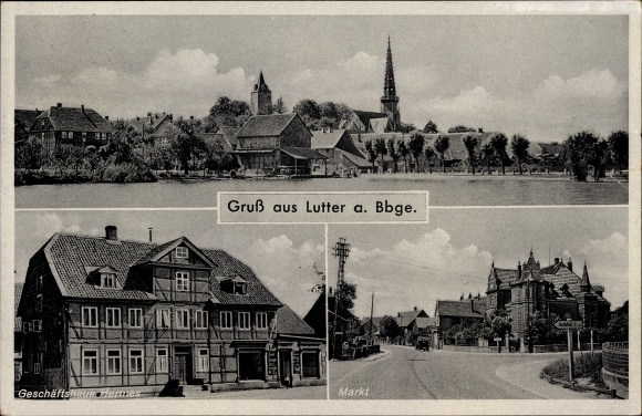 Postcard Lutter am Barenberge in Lower Saxony, partial view, Hermes commercial building, market