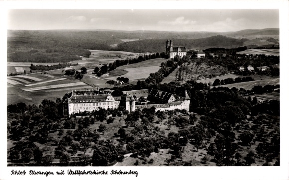 Postcard Schönenberg Ellwangen Jagst, aerial photograph, Ellwangen Castle, pilgrimage church