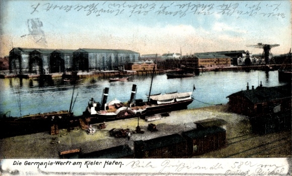Postcard Kiel in Schleswig Holstein, Germania shipyard at Kiel harbor, steamship, Zieher