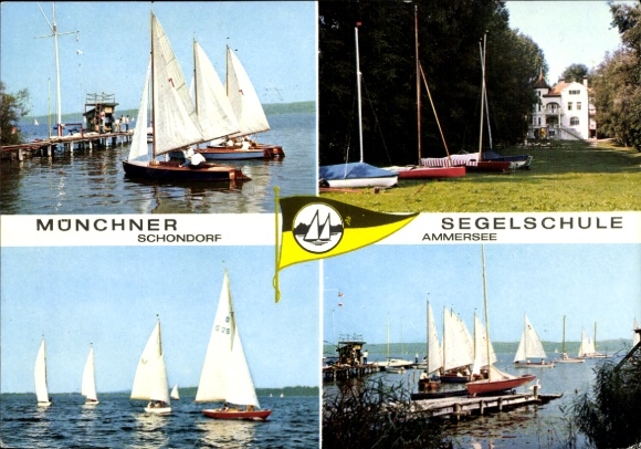 Ak Schondorf am Ammersee Opper-Beieren, Vierschneider: Zeilboten, aanlegsteigers, zeilschool, Ammersee