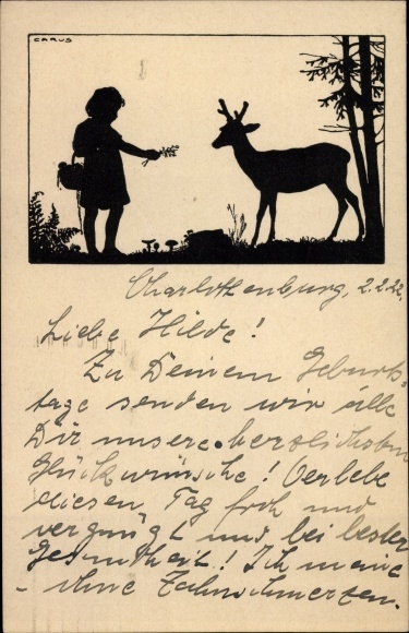 Paper cut artist Postcard Carus, girl with deer