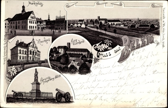 litho Bad Belzig in Brandenburg, marktplein, districtshuis, Borussia Hagelberg-monument, kasteel Eisenhardt