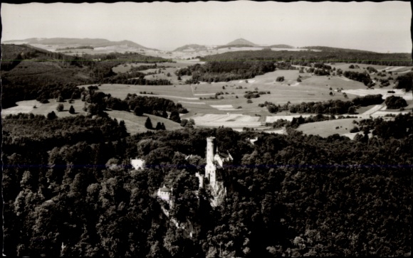 Postcard Honau Lichtenstein in Württemberg, Lichtenstein Castle, aerial view of forest and hill, mon