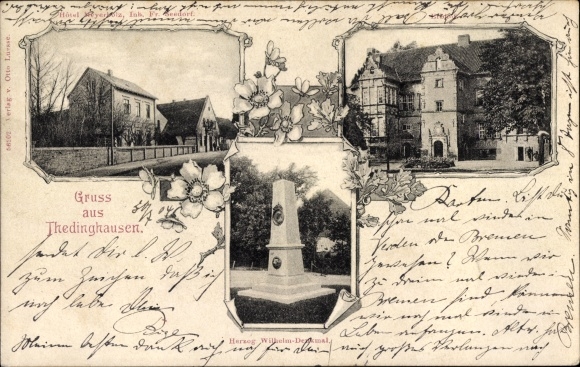 Postcard Thedinghausen in Lower Saxony, Hotel Meyerholz, Erbhof, Duke Wilhelm Monument