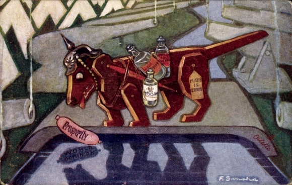 Artist Postcard The Dog and His Shadow, Dachshund, Cannons, Allegory German Empire, Fable, Caricature