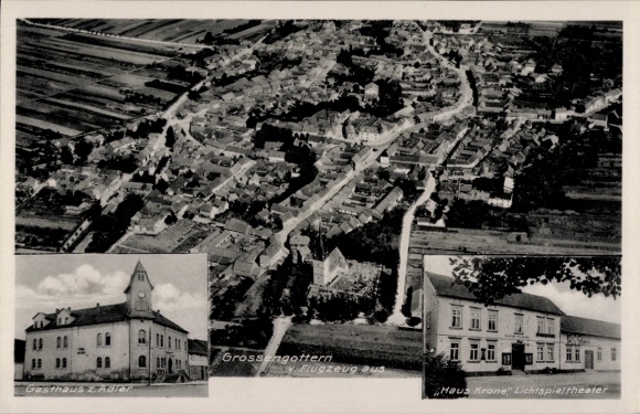 Postcard Großengottern in Thuringia, aerial photograph, Gasthaus z. Adler, Haus Krone, cinema