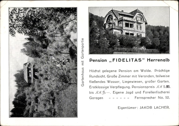 Postcard Bad Herrenalb in the Black Forest, Pension FIDELITAS, garden house, large rooms, running water,