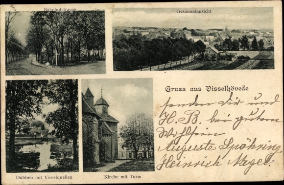 Postcard Visselhövede in Lower Saxony, train station, general view, Dubben, church, tower
