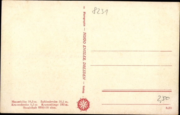 Postcard Malter Dippoldiswalde, Malter dam, lake area, dam, place, wall height 34.5m, 193m long