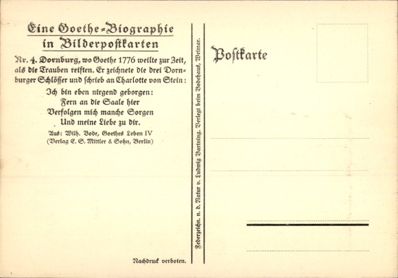 Artist Postcard Dornburg an der Saale Thuringia, Goethe biography, poem, No. 4