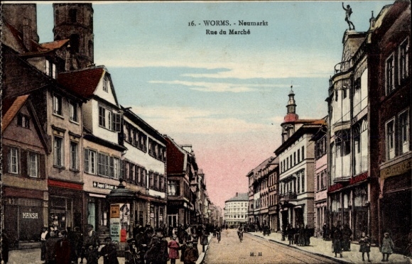 Postcard Worms, view of the Neumarkt, passers-by