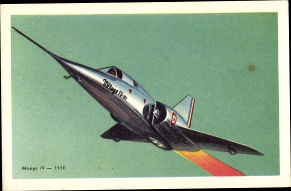 Postcard Bomber Mirage IV, 1960, French military aircraft, advertising, Chocolats Tobler