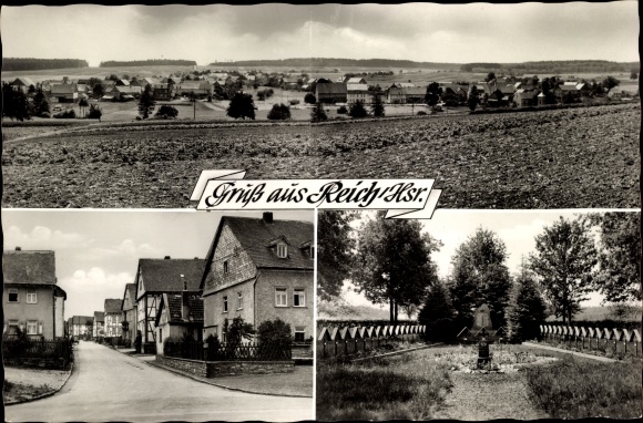 Postcard Reich im Rhein Hunsrück district, war memorial, houses, panorama of the place