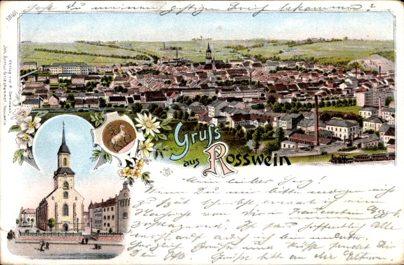 Litho Roßwein im Mittelsächsischen Bergland, Gesamtansicht der Stadt, Kirche, Wappen