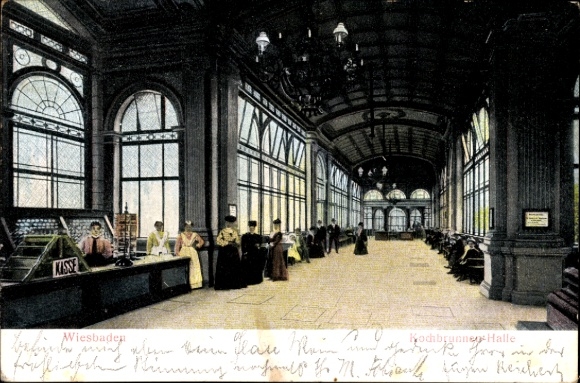 Postcard Wiesbaden in Hesse, interior view of the Kochbrunnenhalle