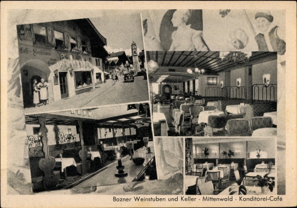 Postcard Mittenwald in Upper Bavaria, Bozen wine bars and cellars, pastry shop-cafe