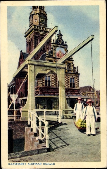 Postcard Alkmaar North Holland Netherlands, Kaasmarkt, Men with cheese carrier