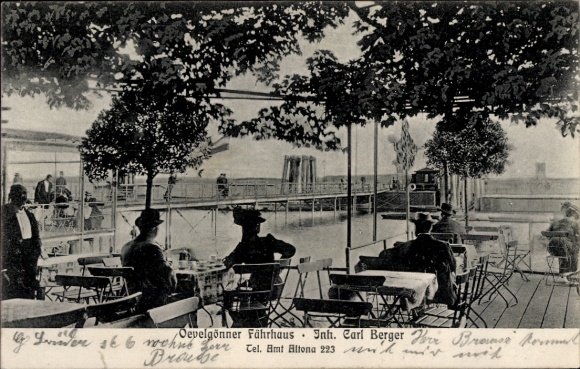 Postcard Hamburg Altona Oevelgönne, Oevelgönner Fährhaus, terrace with view of the waterway, people