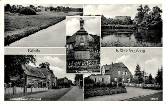 Postcard Kückels Kükels in Schleswig Holstein, school, war memorial, commercial building