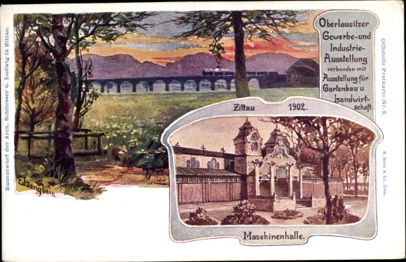 Kunstenaarskaart Zittau Oberlausitz, Opper-Lausitz handels- en industrietentoonstelling 1902, machinehal
