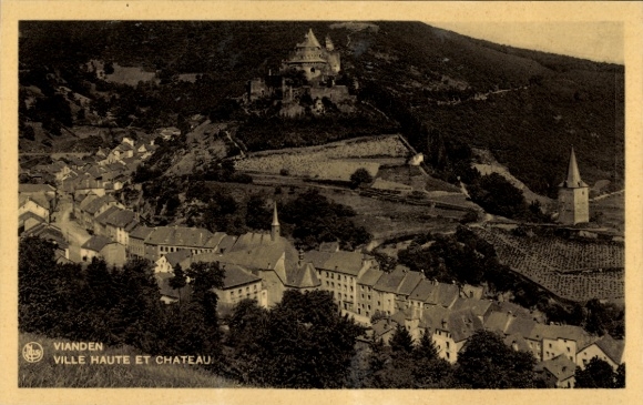 Postcard Vianden Luxembourg, view of castle on the hill, architecture, nature