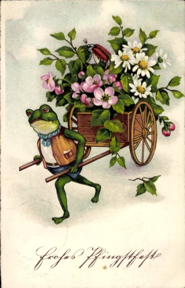 PC Congratulations Pentecost, frog, wheelbarrow, flowers