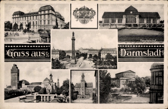 Ak Darmstadt in Hessen, Schloss, Hauptbahnhof, Adolf-Hitler-Platz, Landestheater, Künstlerkolonie