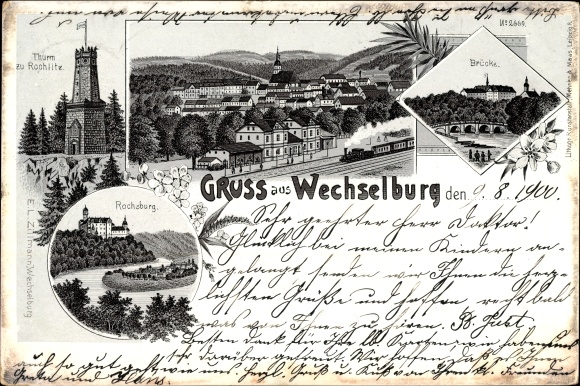 Litho Wechselburg Landkreis Mittelsachsen, Turm zu Rochlitz, Rochsburg, Brücke, Bahnhof