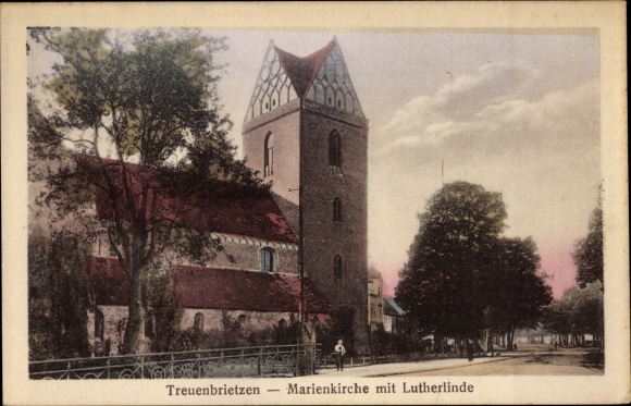 Postcard Treuenbrietzen in Brandenburg, Marienkirche with Lutherlinde