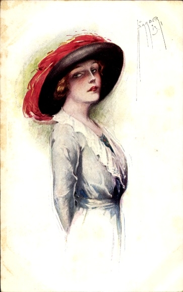 Kunstenaarskaart Kapper, Hof, portret van een vrouw met hoed