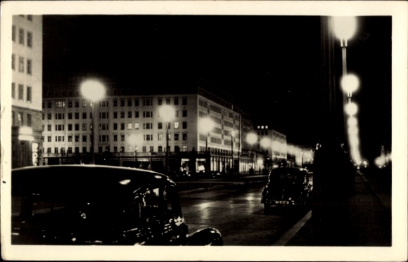 Postcard Berlin Friedrichshain, Stalinallee at night, lighting, cars