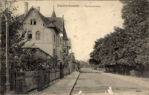Postcard Sondershausen in the Kyffhäuserkreis Thuringia, house on the Gartenstraße, street with trees,