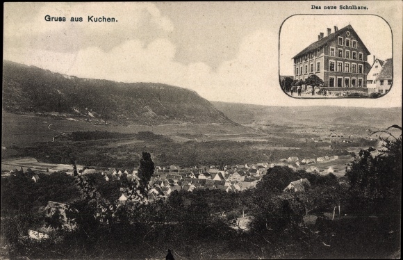 Postcard Cakes in the Filstal, panorama, the new school building