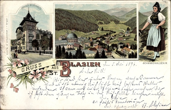 Chromo-Litho Saint Blasia in the Black Forest, woman in folk costume, total view, new spa building