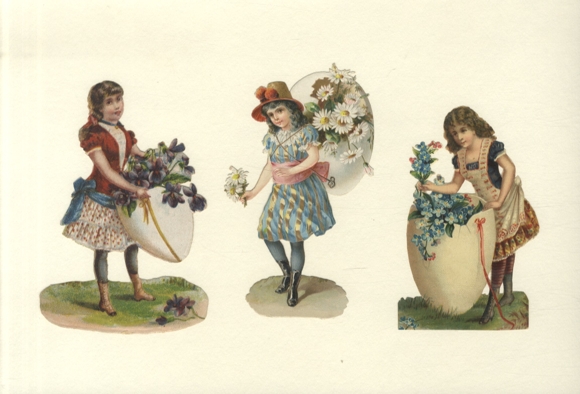 3 wafer girls with flower-filled large Easter eggs, each approx. 13 x 8 cm