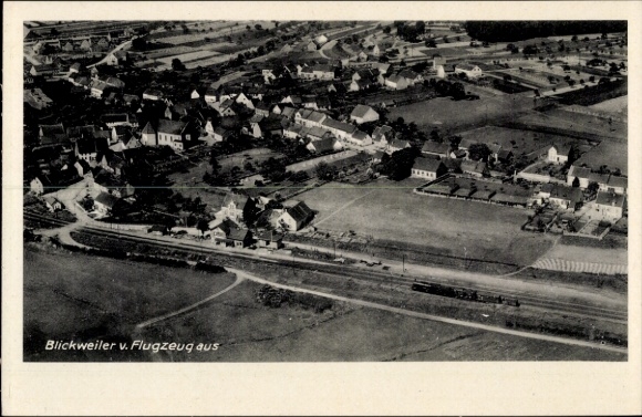 Postcard Blickweiler Blieskastel, aerial photograph, bakery inn, colonial goods
