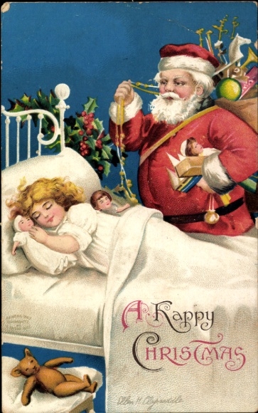 Ak Glückwunsch Weihnachten, Weihnachtsmann, Schlafendes Kind, Stechpalme