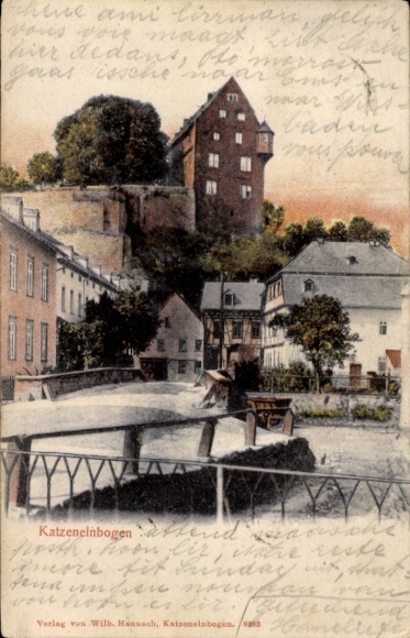 Postcard Katzenelnbogen in the Taunus, half-timbered houses, river, bridge, castle.