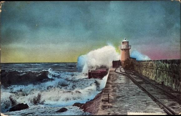 Postcard Russia, lighthouse, pier, waves
